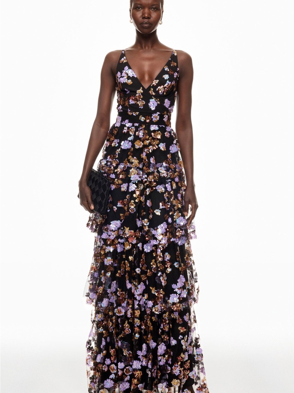 Dress The Population Floral V-Neck Tiered Maxi Dress - Black & Lavender